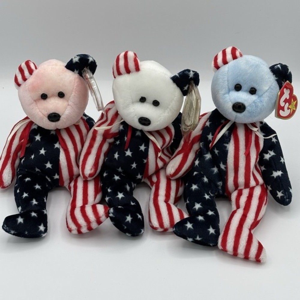 Mint Ty Beanie Baby Spangle the Bear Pink, White, Blue Face‎ 1999